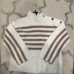 Ann Taylor White and Brown Striped Turtleneck Sweater